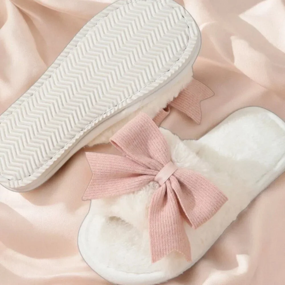 Fluffy White Faux Fur Open Toe Slippers w/ Pink Bow - Picture 2 of 2